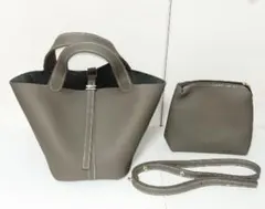 バケツバッグ　ハンドバッグ ショルダー　ミニトート　2way グレー　ポーチ付き