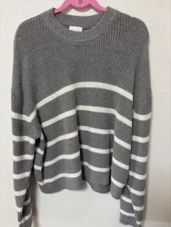 H&M グレーとホワイト ストライプ ニットセーター XL