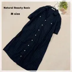 【ナチュラルビューティーベーシック】シャツワンピース M ネイビー×グリーン