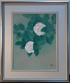 真作】絵画 嶋崎幸代 日本画 白椿 花図 静謐な美 現代日本画作品 D57