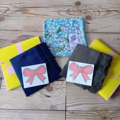 フェリシモ　ネイビー カーキ　レース付き　ハンカチ　木綿　ラベンダー 3枚セット