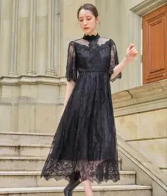 【GIRL】総レースハイネックスカラップフレアロングドレス　ブラック　M