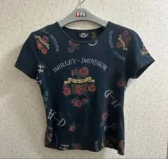 ハーレーダビッドソン レディース　Tシャツ サイズM 黒地　ローズ　薔薇　古着のサムネイル