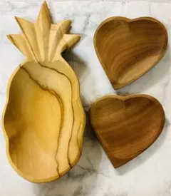 Baliバリ島雑貨 木製パイナップル型ハート型トレイ 3店セット