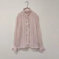 ヨシエイナバ ブラウス 長袖シャツ　フリル ストライプ ピンク 9号 Mのサムネイル
