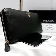 ◇カード付き美品◇プラダ　長財布　サフィアーノレザー　ロゴ金具　ブラック