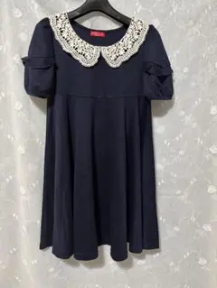 【アースミュージック&エコロジー】レース付き襟 ネイビー ひざ丈ワンピース