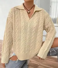 【値下げ・新品】長袖セーター　ケーブルニット　ドロップショルダー　襟付き　L