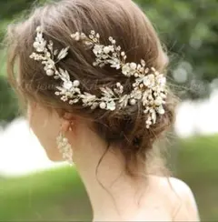 ウエディング　セットヘッドドレス&ピアス結婚式 ゴールドヘアアクセサリー
