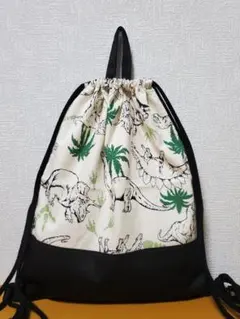 ナップサック 体操服入れ お着替え袋 恐竜草 ブラック ダイナソー