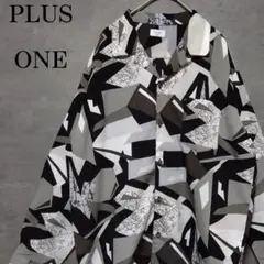 総柄 アート柄 オープンカラー 長袖シャツ PLUSONE モノトーン 白 黒のサムネイル