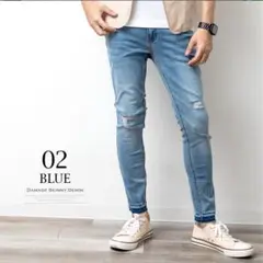 高見えインポートオシャレ！ハードダメージスキニーデニムXL　ライトブルー