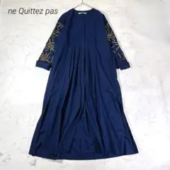 美品✨ヌキテパ ネイビー チェック ゴールド 刺繍 ロングワンピース