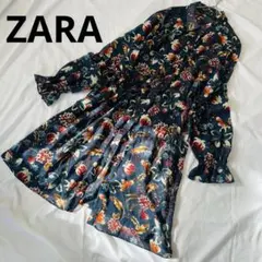 ZARA 花柄　シフォンシャツワンピース　高見え　ネイビー　M