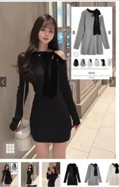 ワンショルダーベロアリボンリブニットミニワンピース[ru1472]