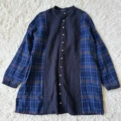 D.S.CLUB リネン100%バンドカラーシャツ　チェック　ネイビー　ミドル丈