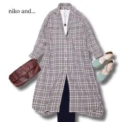 ニコアンド　ロングシャツワンピース　タータンチェック　グリーン　グレージュ　L
