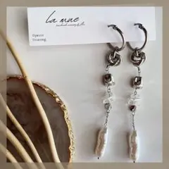 0モード ロング ハンドメイドピアス フープ 天然石 パール メタル イヤリング