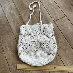 生成り　コットン かぎ針編み 巾着バッグ　ポーチ　ハンドメイド