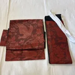 未使用　二部式帯 作り帯 赤系 鳳凰 花柄　クール　かっこいいのサムネイル