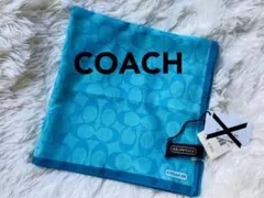 COACH◆コーチ スカーフ ミニサイズ 綿シルク混合 シグネーチャー柄 水色