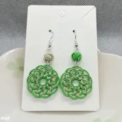ハンドメイド【水引】ピアス　緑×白金