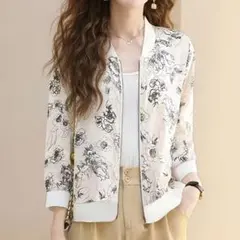 花柄シアー ジップアップ ブルゾン 薄手ジャケット オフホワイト　XXLのサムネイル