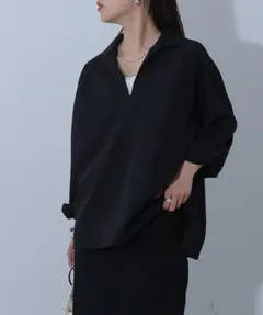 ポケット付きスキッパー ブラック 長袖 スキッパーシャツのサムネイル