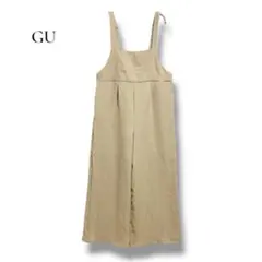 ジーユー オールインワンM ベージュ サロペット ワイドパンツ 肩紐調整ゆったり