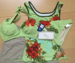 新品 7S ビキニ水着 4点セット グリーン系 花