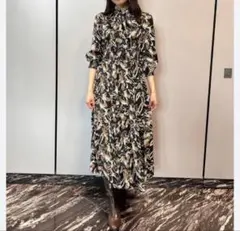 ソブ 豹柄 ロングワンピース レギュラーカラー 長袖 フリル 36