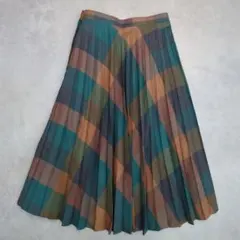 【日本製】プリーツロングスカート 【M】ウール チェック 緑 マルチカラー