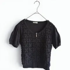 レストローズ 半袖ニット ブラック 綿 麻 鍵編み カーディガンのサムネイル