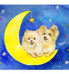 ポストカード［お月様の上で］水彩イラスト　手描き　犬イラスト
