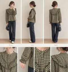 ZARA チェック柄 フリルブラウス 長袖 Lサイズ