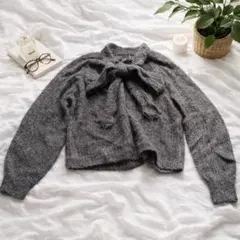 ZARA シャギーニット リボンボウタイ グレー S