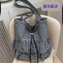 トートバッグ ギンガムチェック 黒 白 フリル マザーズバッグ A4 大容量人気