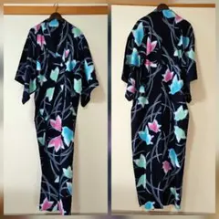 浴衣　蝶　紺　綿100 着丈160位　お祭り　花火　和装　夕涼み　日本製　美品