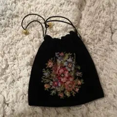 フェイラー　ドイツ製　花柄刺繍ポーチ 黒色 綿100%