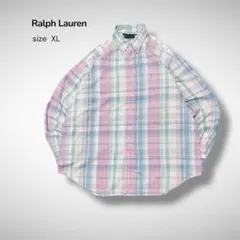 Ralph Lauren 春色チェック パステルカラー薄手BDシャツ羽織り XL