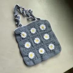お花モチーフバッグ　モチーフ編み　ブルー