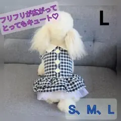 【Lサイズ】犬の服　ブルーチェックにお花のワンポイント　フリルスカート