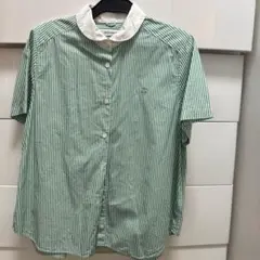 美品❣️CHILD WOMAN 丸襟半袖シャツ 緑と白のストライプのサムネイル