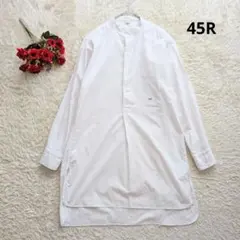 45R♪ロングシャツワンピース　コットン　R刺繍　白　バンドカラー長袖のサムネイル