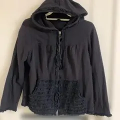 PINKHOUSE　ピコフリルフードパーカー　黒　ピンクハウス　綿ローン