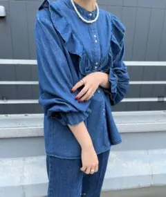チャオパニック デニム フリルブラウス バンドカラー フリー