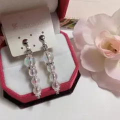 新品未使用 中小オーロラガラス玉 シルバーカラー × スティック イヤリング