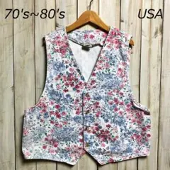 USA古着 USA製 80s～ Vivgldi 花柄デニムベスト L オールド