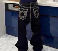 TRUE RELIGION デニムパンツ ブラック ホワイトステッチ - メルカリ