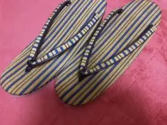 お洒落な青と黄のストライプ 厚底草履 サイズ7　未使用 布地草履　オーダー品